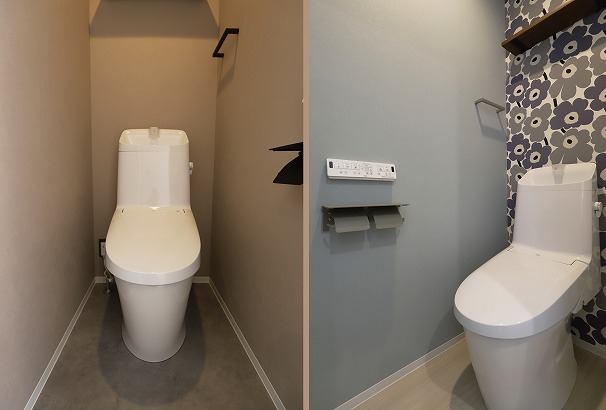 ゲストも利用するトイレはシックにまとめ、家族が使うトイレはマリメッコのクロスで可愛い雰囲気に