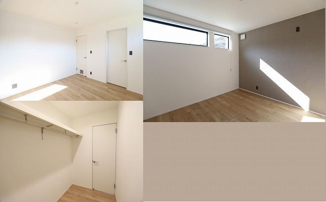 シックなカラーのクロスをアクセントにした寝室 ドアには猫ちゃん用の入口 奥には2.6帖のWIC